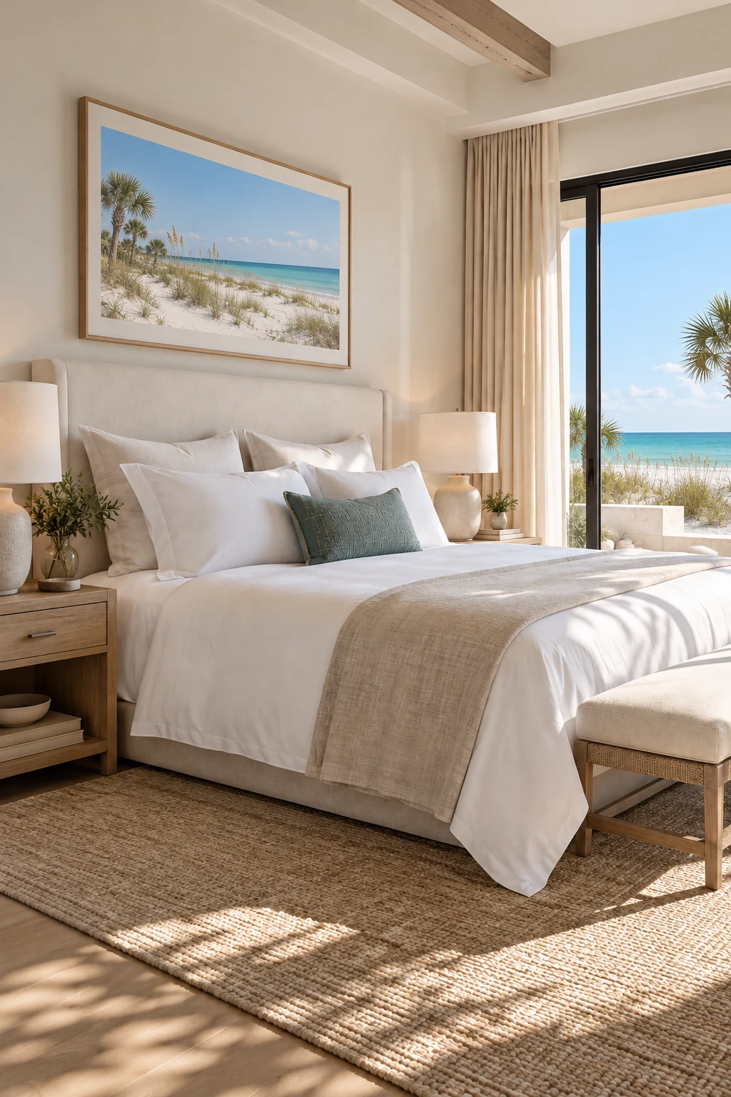 Bedroom with a made bed and ocean view