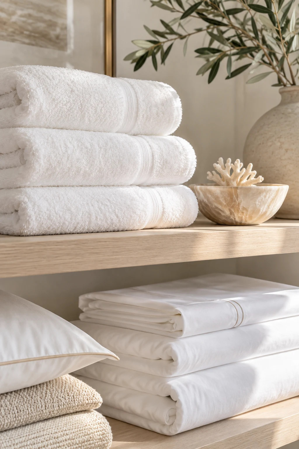 Folded white towels and bed linens