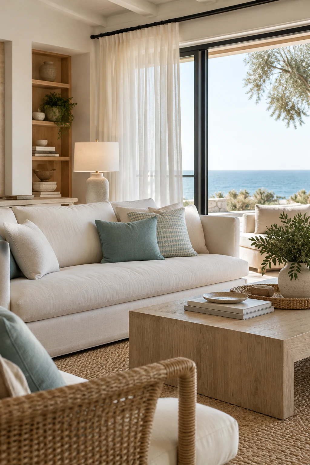 Living room with sofa and ocean view